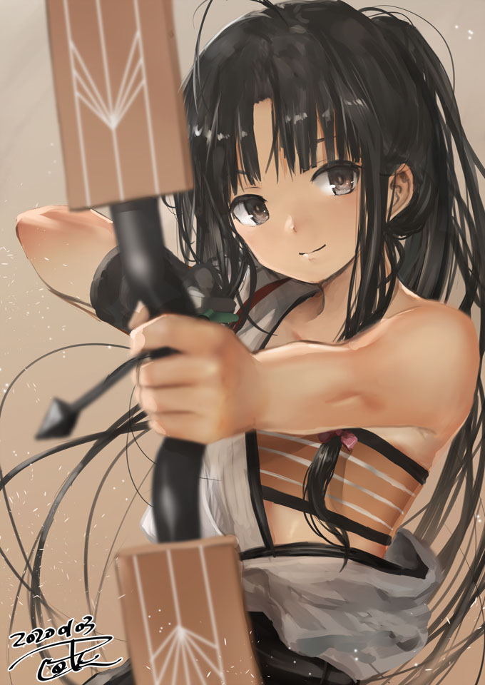 1girl arrow bandeau black_hair blush bow bow_(weapon) breasts brown_eyes closed_mouth drawing_bow hadanugi_dousa japanese_clothes kantai_collection long_hair looking_at_viewer low-tied_long_hair shouhou_(kantai_collection) smile solo toka_(marchlizard) weapon