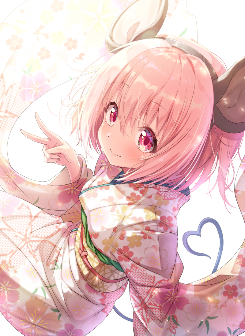 1girl animal_ears bangs black_hairband blush chinese_zodiac closed_mouth eyebrows_visible_through_hair fake_animal_ears floral_print hair_between_eyes hairband japanese_clothes kimono long_sleeves looking_at_viewer matokechi mouse_ears mouse_girl mouse_tail obi original pink_hair print_kimono red_eyes sash smile solo tail v white_kimono wide_sleeves year_of_the_rat