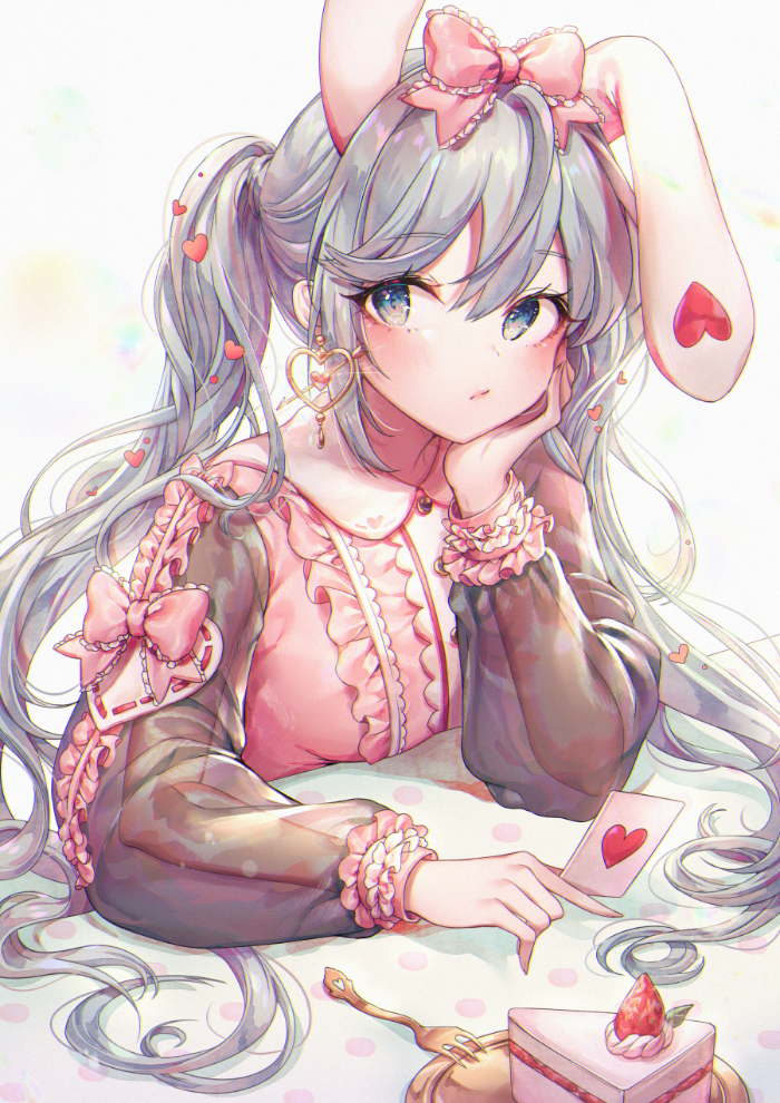 1girl animal_ears bangs between_fingers blue_eyes bow bunny_ears cake card commentary dress eyebrows_visible_through_hair food fork fruit grey_background grey_hair hair_between_eyes hatsune_miku heart holding holding_card kemonomimi_mode long_hair long_sleeves ozzingo pink_bow pink_dress plate puffy_long_sleeves puffy_sleeves see-through see-through_sleeves slice_of_cake solo strawberry twintails upper_body vocaloid