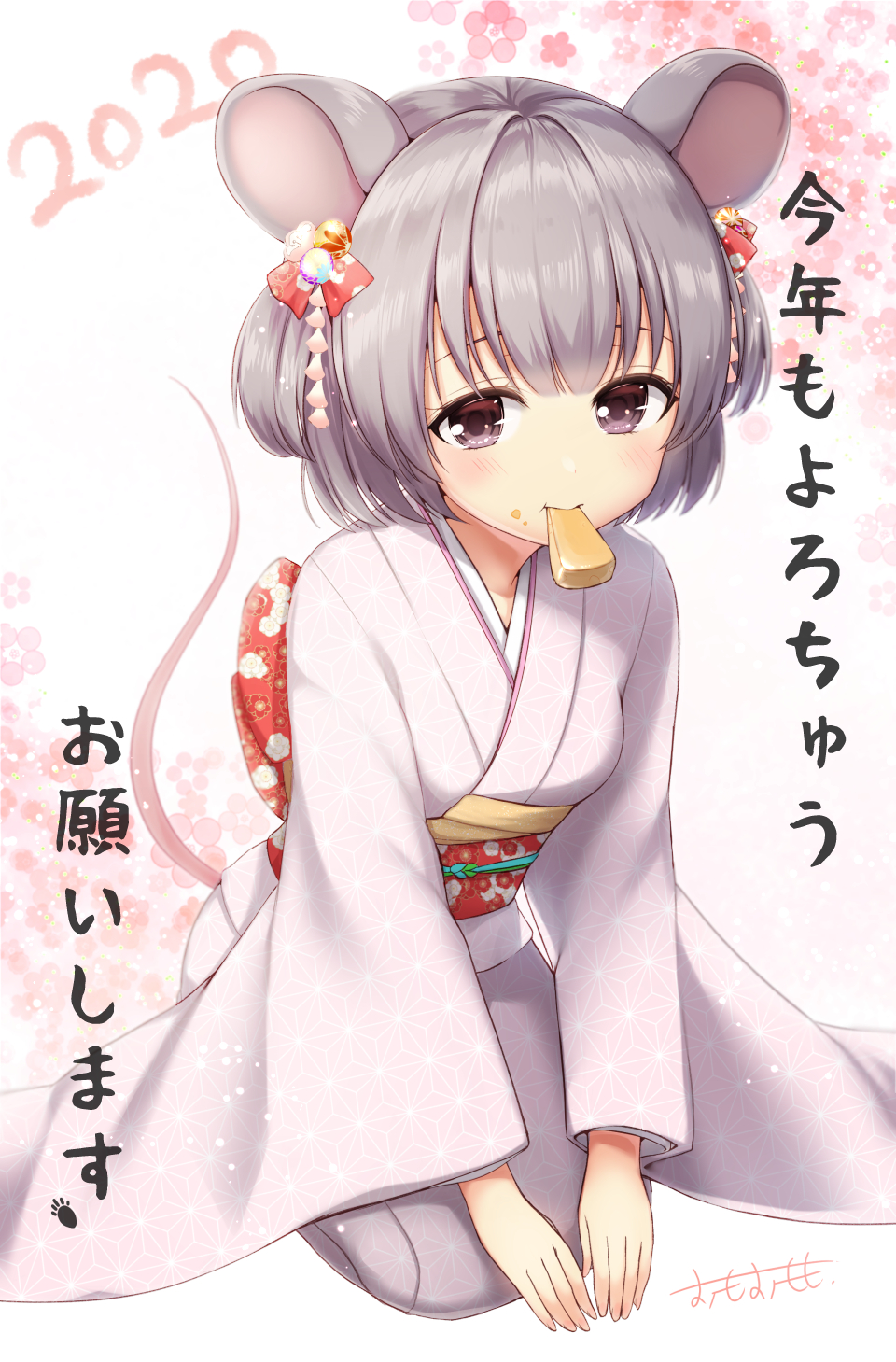 1girl 2020 animal_ears bangs blush bow brown_eyes cheese chinese_zodiac eyebrows_behind_hair floral_background floral_print food food_in_mouth food_on_face full_body grey_hair hair_ornament highres japanese_clothes kimono long_sleeves looking_at_viewer mouse_ears mouse_girl mouse_tail mouth_hold obi omoomomo original pink_kimono red_bow sash short_hair signature solo tail tail_raised translation_request year_of_the_rat