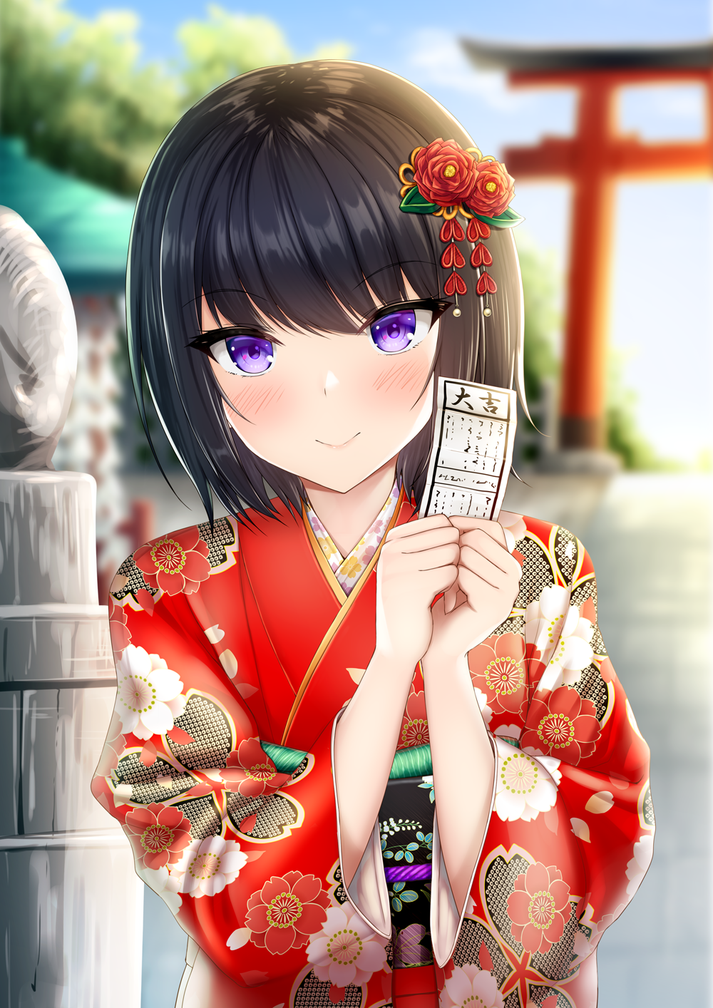 1girl black_hair blurry blurry_background blush closed_mouth commentary_request day depth_of_field floral_print flower hair_flower hair_ornament hands_up highres holding japanese_clothes kimono obi original outdoors print_kimono purple_eyes red_flower red_kimono sash short_hair smile solo taiki_ken torii upper_body wide_sleeves