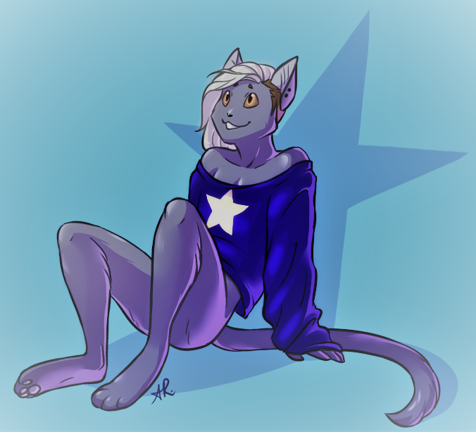 2020 ambiguous_gender anthro brown_eyes clothed clothing digital_media_(artwork) domestic_cat felid feline felis hair kitterjitters mammal paws piercing simple_background smile star undercut white_hair