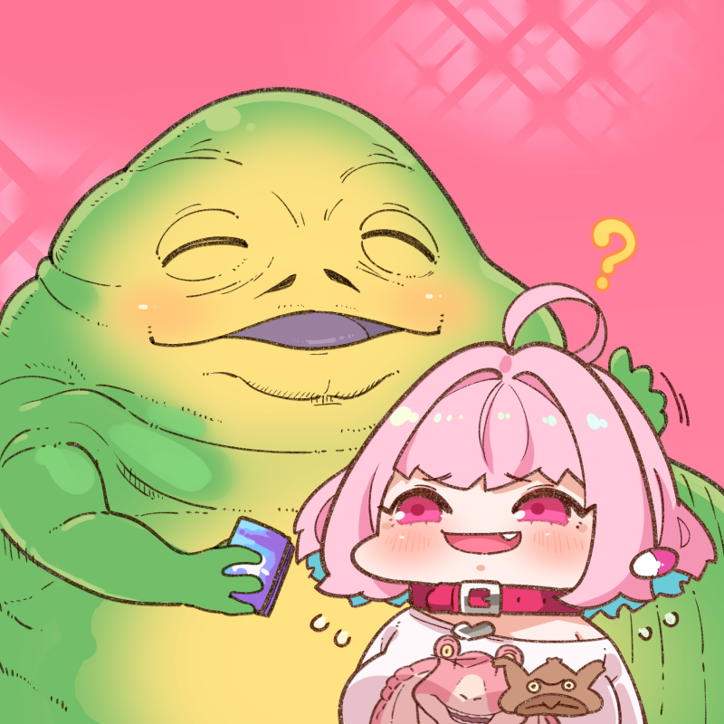 1girl ? ahoge bangs blue_hair blush breasts character_print chibi collar crossover eyebrows_visible_through_hair fang flying_sweatdrops hair_intakes hands_up heart holding idolmaster idolmaster_cinderella_girls jabba_the_hutt jar-jar_binks large_breasts motion_lines multicolored_hair nervous_smile off-shoulder_shirt off_shoulder pill_earrings pink_background pink_eyes pink_hair shiny shiny_hair shirt short_hair simple_background single_bare_shoulder sparkle_background star_wars t-shirt takatoo_kurosuke two-tone_hair upper_body yumemi_riamu