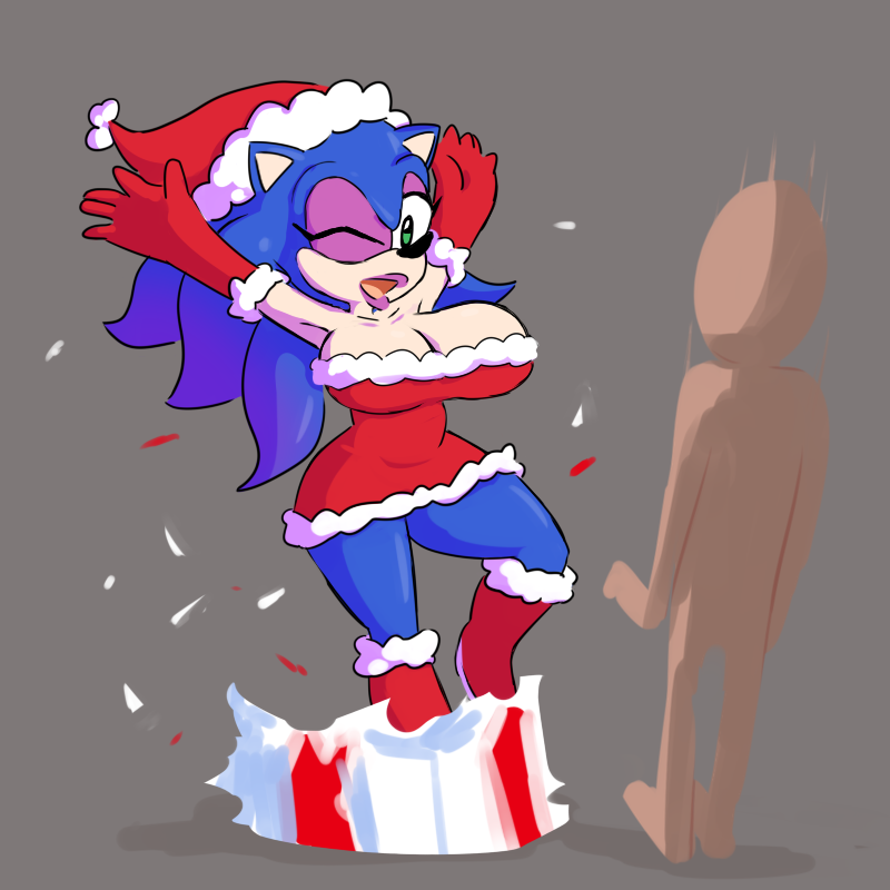 2019 anthro big_breasts blue_body blue_skin breasts christmas clothing crossgender curvy_figure duo eulipotyphlan female fupoo gift green_eyes hedgehog holidays hourglass_figure lipstick makeup mammal simple_background sonic_the_hedgehog sonic_the_hedgehog_(series)