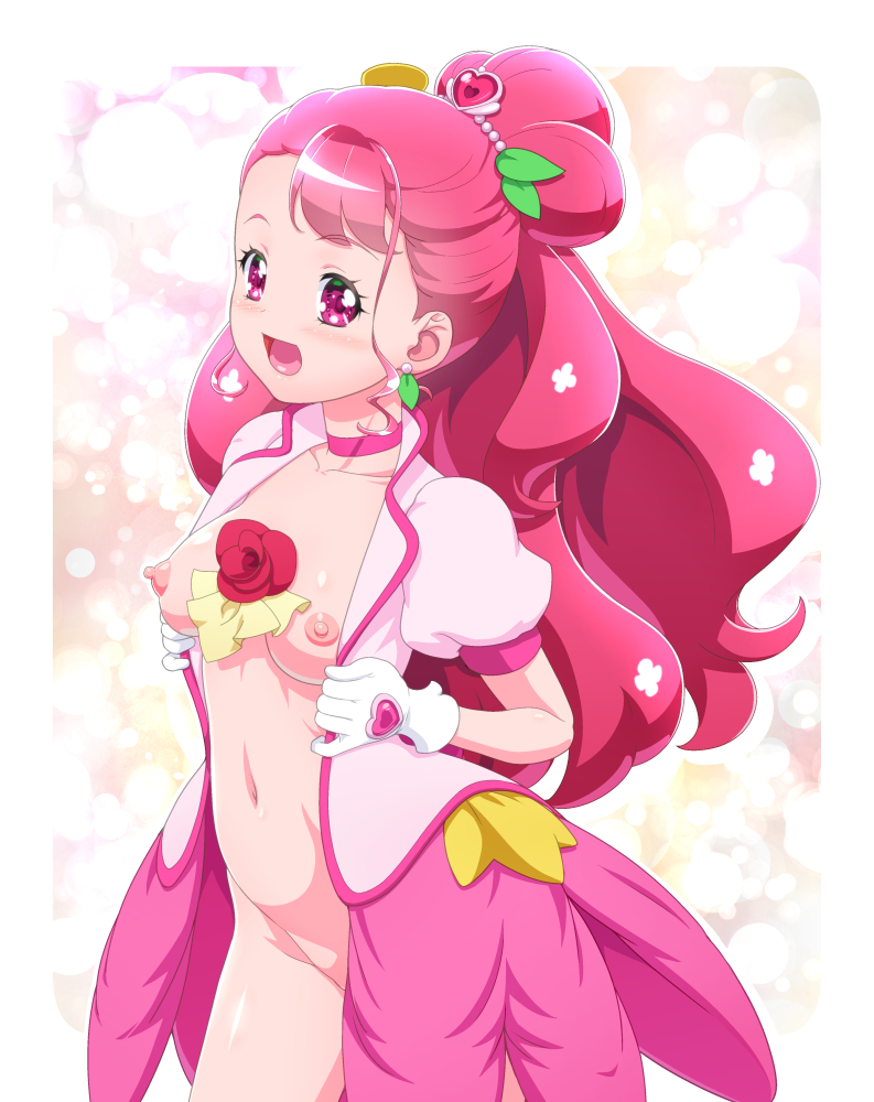 1girl :d blush breasts commentary_request cure_grace eyebrows_visible_through_hair gloves hanadera_nodoka healin'_good_precure kousaka_jun long_hair magical_girl medium_breasts navel nipples open_clothes open_mouth pink_eyes pink_hair precure puffy_short_sleeves puffy_sleeves short_sleeves smile solo standing white_gloves