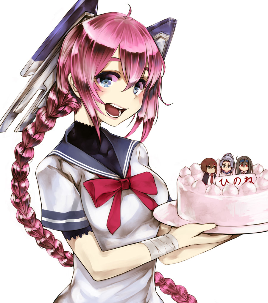 1girl bandaged_arm bandages bangs blue_eyes blush braid cake food hair_between_eyes hatsuharu_(kantai_collection) hatsushimo_(kantai_collection) holding holding_plate kantai_collection kurou_(bcrow) lips long_hair nenohi_(kantai_collection) open_mouth pink_hair plate sailor_collar short_sleeves sidelocks simple_background single_braid very_long_hair wakaba_(kantai_collection) white_background