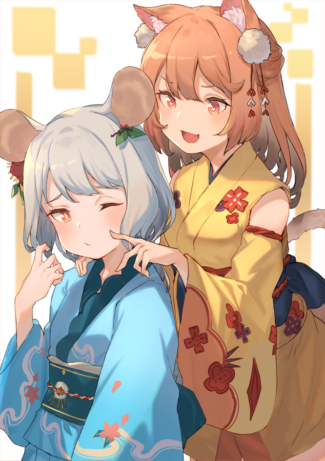 2girls animal_ears bangs blue_kimono brown_hair cat_ears cat_girl cat_tail cheek_poking chinese_zodiac commentary_request detached_sleeves eyebrows_visible_through_hair floral_print grey_hair hair_ornament hand_on_another's_shoulder heart heart-shaped_pupils japanese_clothes kimono long_hair long_sleeves mouse_ears multiple_girls obi original peroncho poking print_kimono red_eyes sash sleeveless sleeveless_kimono symbol-shaped_pupils tail wide_sleeves year_of_the_rat yellow_kimono yellow_sleeves