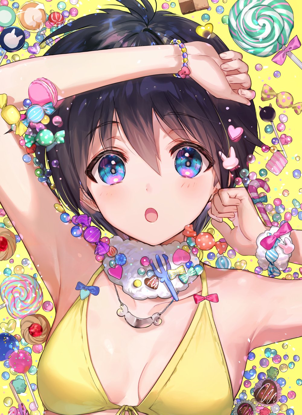 1girl :o armpits bra bracelet breasts candy colorful cookie food genderswap genderswap_(mtf) highres houshin_engi jewelry lollipop macaron mimoza_(96mimo414) necklace open_mouth short_hair sweets swimsuit taikoubou underwear yellow_background yellow_bra