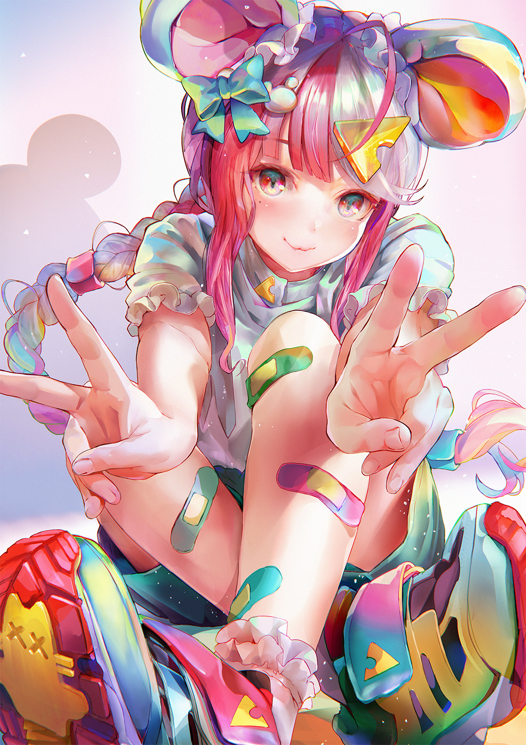 1girl :3 ahoge animal_ears aqua_bow bandaid bandaid_on_leg bangs bare_arms blush bobby_socks bow braid braided_ponytail cheese_hair_ornament chinese_zodiac closed_mouth colored_eyelashes colorful commentary_request crossed_ankles crossed_legs double_v fake_animal_ears food_themed_hair_ornament frilled_sleeves frills green_shorts hair_bow hair_ornament hair_tubes heart heart_in_eye highres knees_up long_hair mole mole_under_eye mouse_ears mouse_hair_ornament multicolored_footwear multicolored_hair original outstretched_arms pink_eyes pink_hair red_hair shadow shirt shoe_soles shoes short_sleeves shorts sidelocks single_braid sitting smile sneakers socks solo symbol_in_eye tocope two-tone_hair v very_long_hair white_hair white_legwear white_shirt year_of_the_rat