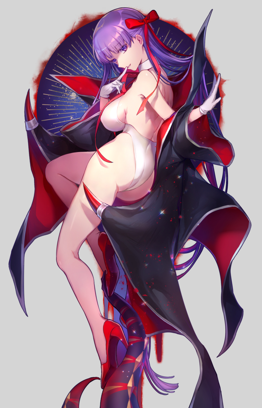 1girl ass bare_back bare_legs bat_wings bb_(fate)_(all) bb_(swimsuit_mooncancer)_(fate) black_coat bow breasts coat commentary_request eyebrows_visible_through_hair fate/grand_order fate_(series) finger_to_mouth full_body gloves hair_bow high_heels highres large_breasts legs long_hair long_sleeves looking_at_viewer open_clothes open_coat popped_collar purple_eyes purple_hair red_footwear red_ribbon ribbon smile solo swimsuit tentacles very_long_hair vivivivi white_gloves white_swimsuit wide_sleeves wings