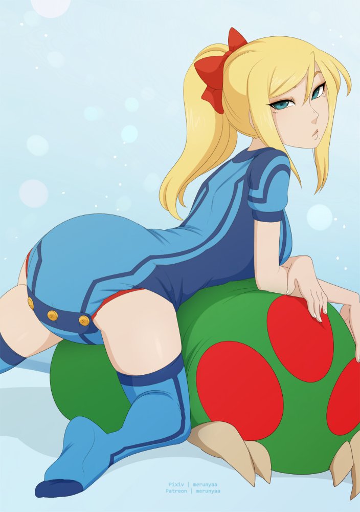 blonde_hair blue_eyes bow clothing diaper female from_behind_(disambiguation) hair human humanoid inside legwear mammal merunyaa metroid nintendo onsie plushie samus_aran stockings video_games