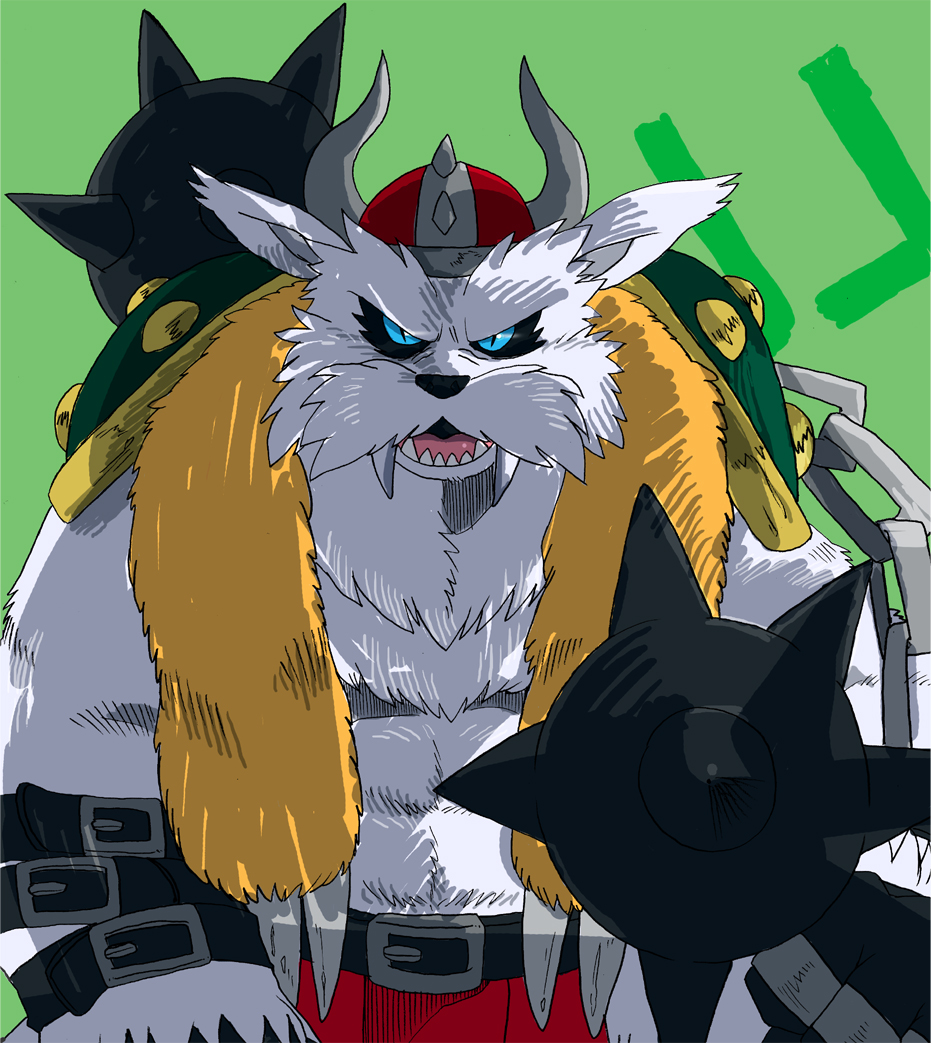 2016 anthro blue_yes digimon digimon_(species) fur male shirokumaou solo vikemon viking_helmet weapon white_body white_fur