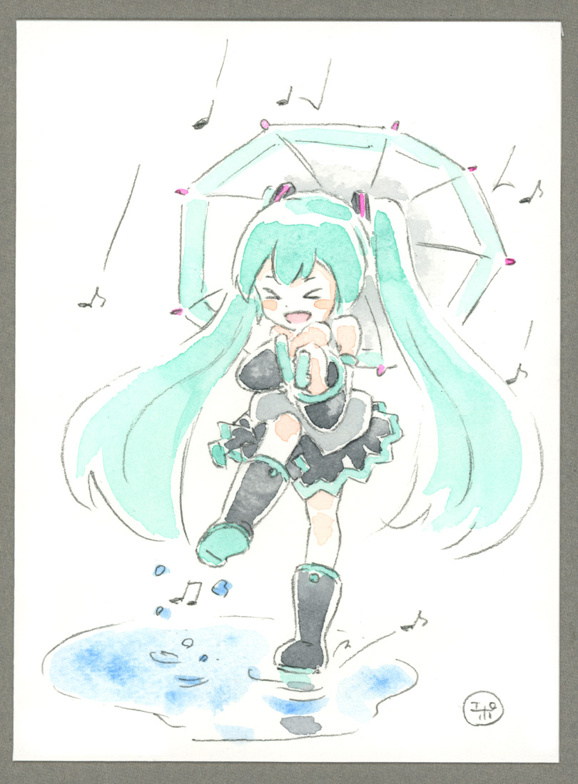 &gt;_&lt; 1girl aqua_hair bare_shoulders black_footwear black_skirt black_sleeves blush_stickers boots child detached_sleeves epoxy_putty grey_shirt hair_ornament hatsune_miku holding holding_umbrella long_hair musical_note open_mouth puddle rain shirt skirt sleeveless sleeveless_shirt smile solo splashing stepping traditional_media twintails umbrella very_long_hair vocaloid watercolor_(medium) younger