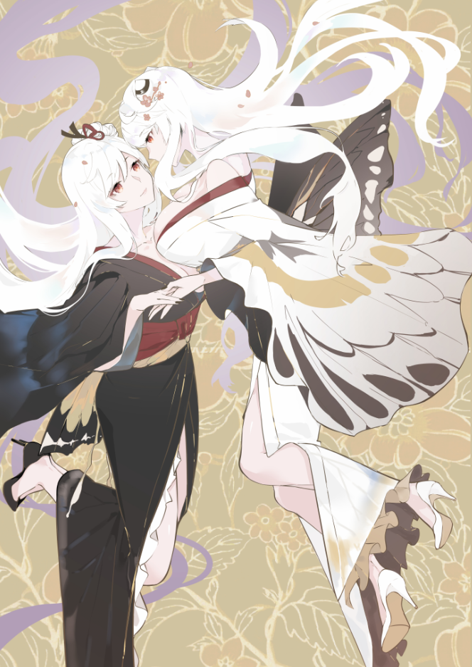 2girls aircraft_carrier_hime alternate_costume black_footwear breasts butterfly_wings dress hair_ornament hair_ribbon high_heels horns japanese_clothes kantai_collection kimono large_breasts lips long_hair midway_hime multiple_girls nail_polish nello_(luminous_darkness) red_eyes ribbon shinkaisei-kan side_slit sidelocks smile white_footwear white_hair wide_sleeves wings