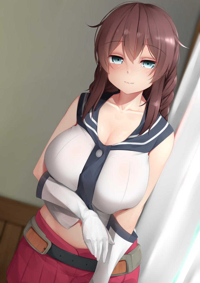 1girl bare_arms belt blue_eyes blush braid breasts brown_hair cleavage closed_mouth collarbone elbow_gloves gloves indoors kantai_collection large_breasts long_hair looking_at_viewer midriff ne_an_ito noshiro_(kantai_collection) pleated_skirt red_skirt sailor_collar sidelocks skirt smile solo twin_braids