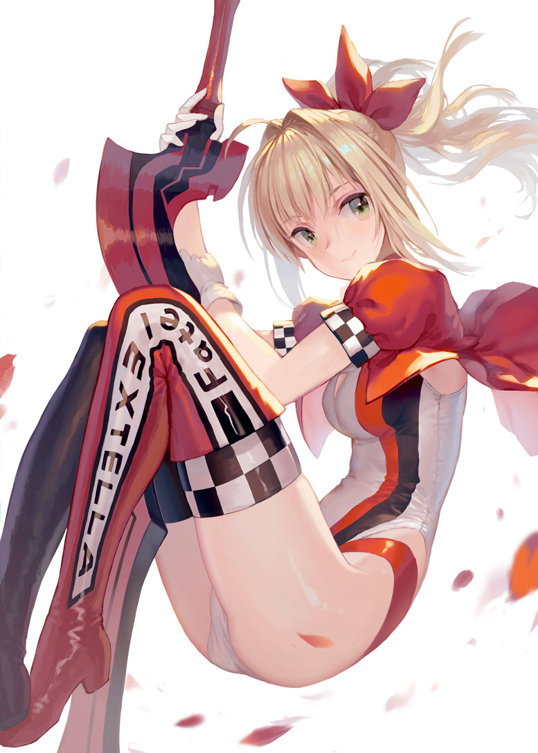 1girl aestus_estus ass bangs black_footwear black_legwear blonde_hair boots breasts closed_mouth commentary_request cropped_jacket eyebrows_visible_through_hair fate/extra fate_(series) gloves green_eyes hair_intakes hair_ribbon high_heel_boots high_heels holding holding_sword holding_weapon jacket knees_up medium_breasts mismatched_footwear mismatched_legwear nero_claudius_(fate) nero_claudius_(fate)_(all) petals ponytail puffy_short_sleeves puffy_sleeves race_queen red_footwear red_jacket red_legwear red_ribbon ribbon ritsuki short_sleeves sidelocks sitting smile solo sword thigh_boots thighhighs weapon white_background white_gloves white_legwear