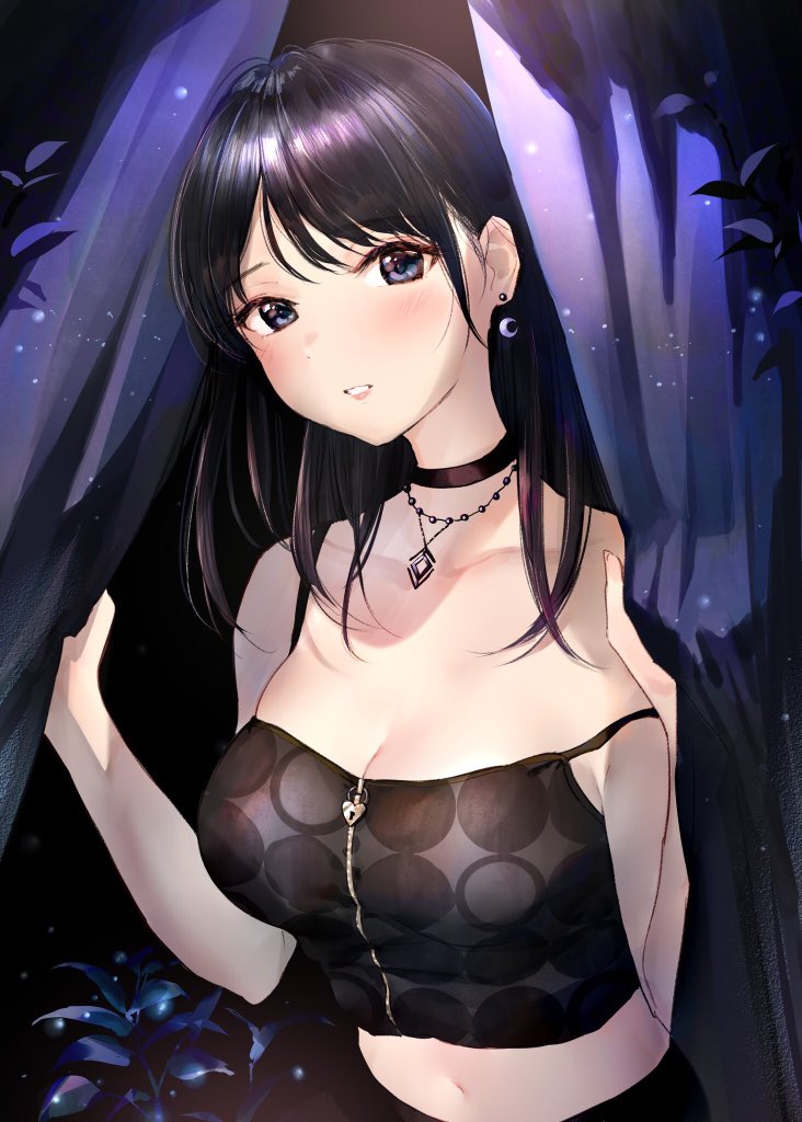1girl bare_arms bare_shoulders black_eyes black_hair black_shirt breasts camisole choker cleavage collarbone crop_top curtains earrings holding jewelry large_breasts long_hair looking_at_viewer midriff navel necklace original parted_lips plant shirt sleeveless sleeveless_shirt solo spaghetti_strap strap_slip takeashiro upper_body