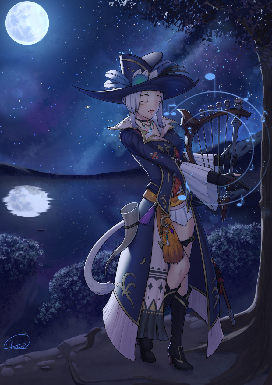 1girl andonoz bard_(final_fantasy) boots cat_tail closed_eyes facial_mark final_fantasy final_fantasy_xiv full_body full_moon harp hat high_heel_boots high_heels highres instrument miqo'te moon night open_mouth reflection signature sky solo star_(sky) starry_sky tail thigh_strap whisker_markings