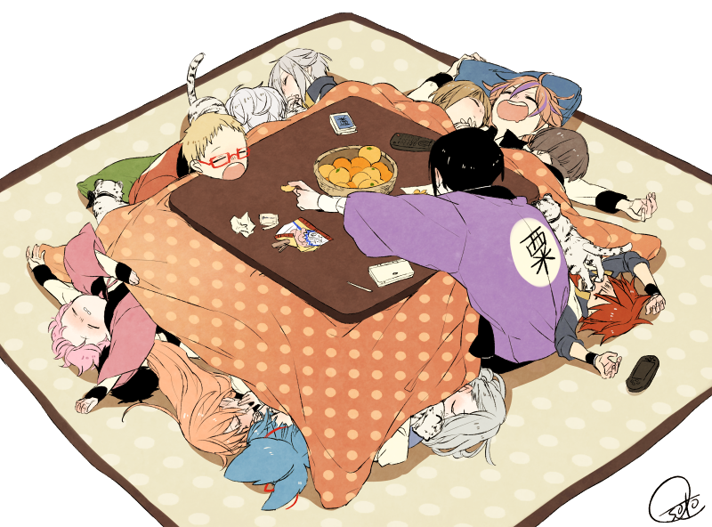 6+boys aizen_kunitoshi akita_toushirou atsushi_toushirou brown_hair feeding food fruit gokotai gokotai's_tigers gotou_toushirou hakata_toushirou hanten_(clothes) hirano_toushirou hotarumaru ima-no-tsurugi kotatsu maeda_toushirou male_focus mandarin_orange midare_toushirou multiple_boys open_mouth pink_hair red_hair sayo_samonji shinano_toushirou soto_(0sot0) table tiger tiger_cub touken_ranbu under_kotatsu under_table white_hair white_tiger yagen_toushirou