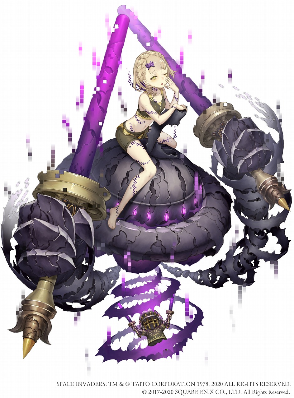 1girl barefoot blonde_hair briar_rose_(sinoalice) eyebrows_visible_through_hair flat_chest full_body hair_ornament hairclip half-closed_eyes highres ji_no looking_at_viewer official_art one_eye_closed pixels puppet sinoalice solo space_invaders square_enix swimsuit tattoo thorns white_background yellow_eyes