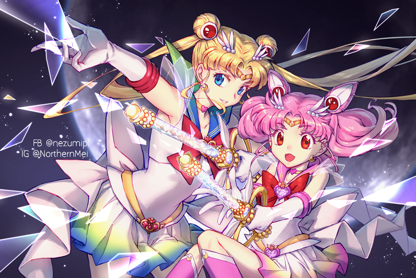 2girls :d back_bow bishoujo_senshi_sailor_moon bishoujo_senshi_sailor_moon_crystal black_background blonde_hair blue_eyes blue_sailor_collar boots bow brooch chibi_usa choker circlet crescent crescent_earrings double_bun earrings elbow_gloves gloves hair_ornament hairpin heart heart_choker holding holding_wand jewelry kaleidomoon_scope knee_boots long_hair looking_at_viewer magical_girl multicolored multicolored_clothes multicolored_skirt multiple_girls nezumipl open_mouth pink_footwear pink_hair pink_sailor_collar pleated_skirt red_bow red_eyes sailor_chibi_moon sailor_collar sailor_moon sailor_senshi short_hair skirt smile super_sailor_chibi_moon super_sailor_moon tsukino_usagi twintails wand watermark white_bow white_gloves yellow_neckwear