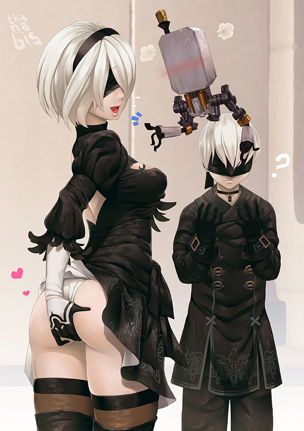 1boy 1girl ? ass black_blindfold black_dress black_gloves black_hairband black_legwear blindfold boots breasts choker commentary dress feather-trimmed_sleeves from_side frown gloves hairband hand_on_own_ass juliet_sleeves leotard long_sleeves medium_breasts mole mole_under_mouth nier_(series) nier_automata puffy_sleeves robot short_hair silver_hair smile thanabis thighhighs white_hair white_leotard yorha_no._2_type_b yorha_no._9_type_s