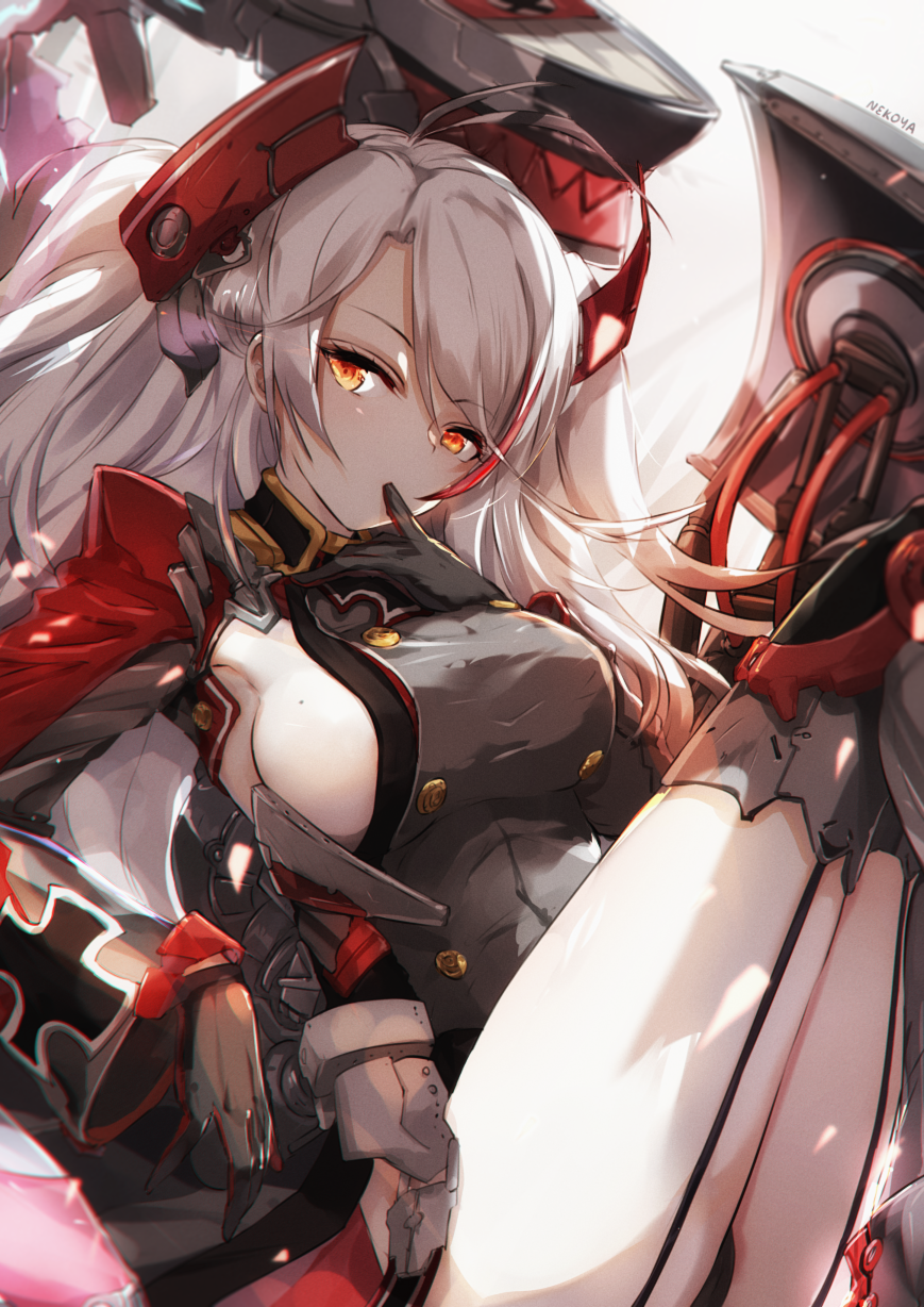 1girl antenna_hair ass azur_lane bangs black_gloves black_legwear breasts commentary_request double-breasted dress dyolf eyebrows_visible_through_hair finger_to_mouth garter_straps gloves grey_dress headgear highres large_breasts legs_up long_hair long_sleeves looking_at_viewer machinery military military_uniform mole mole_on_breast orange_eyes panties pantyshot pantyshot_(sitting) prinz_eugen_(azur_lane) red_hair short_dress sideboob silver_hair sitting solo swept_bangs thighhighs underwear uniform very_long_hair