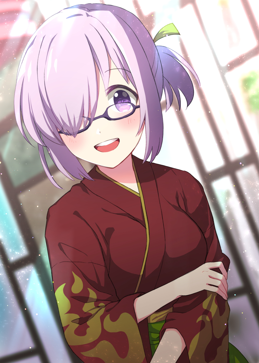 1girl alternate_costume bangs blush breasts coconat_summer commentary_request eyebrows_visible_through_hair fate/grand_order fate_(series) green_ribbon hair_over_one_eye hair_ribbon highres japanese_clothes kimono large_breasts lavender_hair long_sleeves looking_at_viewer mash_kyrielight open_mouth purple_eyes purple_hair red_kimono ribbon short_hair smile solo upper_teeth