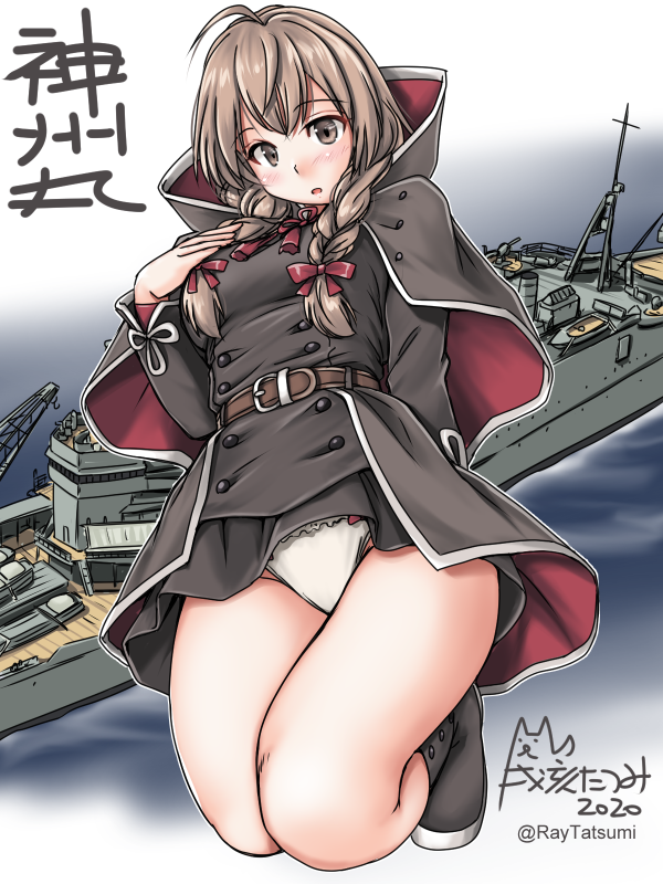 1girl artist_logo black_capelet black_dress braid breasts brown_eyes brown_hair capelet character_name commentary_request cowboy_shot dress gradient gradient_background hair_ribbon hood hooded_capelet kantai_collection large_breasts long_hair long_sleeves machinery panties pleated_dress red_ribbon ribbon shinshuu_maru_(kantai_collection) solo tatsumi_ray twin_braids twitter_username underwear white_panties