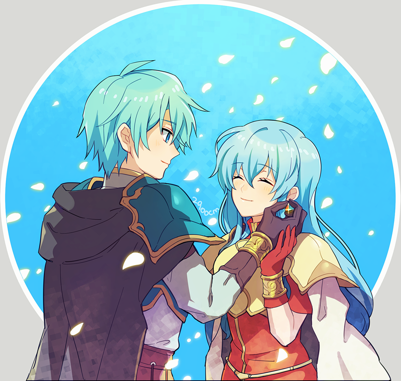 1boy 1girl 2900cm aqua_hair artist_name blue_eyes breastplate brother_and_sister cape closed_eyes closed_mouth earrings eirika_(fire_emblem) ephraim_(fire_emblem) fire_emblem fire_emblem:_the_sacred_stones from_side gloves jewelry long_hair long_sleeves petals red_gloves short_hair siblings upper_body