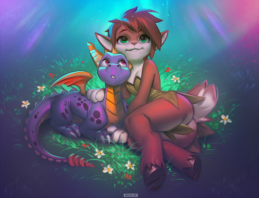 2020 activision anthro bottomless brown_body brown_fur brown_hair butt clothed clothing cuddling digital_media_(artwork) dragon elora faun female feral flower fur green_eyes hair hand_on_back hooves horn lying male male/female miles_df plant purple_body purple_eyes purple_scales romantic_couple scales smile spyro spyro_the_dragon video_games wings