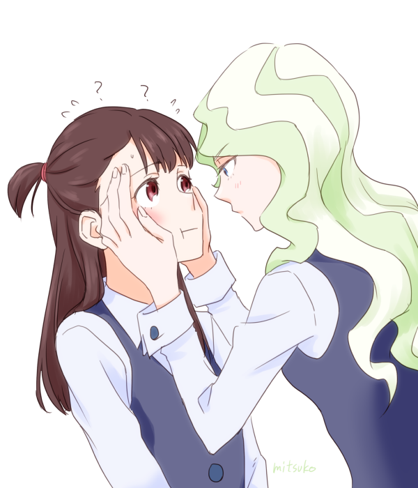 2girls ? blonde_hair blue_eyes blush brown_hair couple diana_cavendish eye_contact hand_on_another's_cheek hand_on_another's_face kagari_atsuko little_witch_academia long_hair looking_at_another mitsuko_(4afe6300) multicolored_hair multiple_girls open_mouth red_eyes school_uniform simple_background two-tone_hair uniform wavy_hair white_background yuri