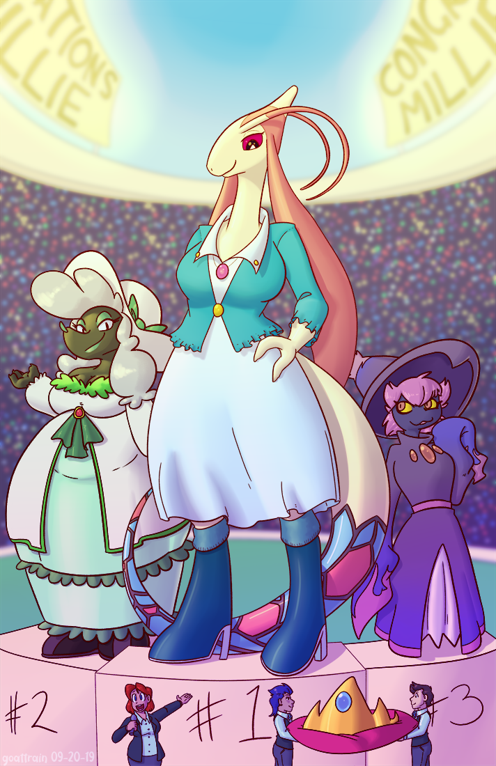 anthro big_breasts breasts cleavage clothed clothing crown female furfrou goattrain hand_on_hip larger_female macro milotic mismagius nintendo pok&eacute;mon pok&eacute;mon_(species) size_difference smaller_female video_games