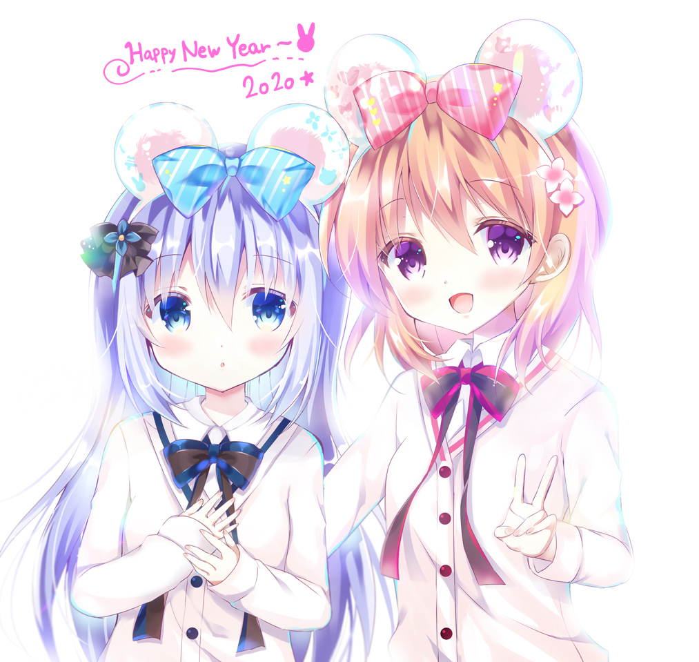 2020 2girls :d :o animal_ears bangs bitter_crown blue_bow blue_eyes blue_flower blue_hair blush bow brown_hair cardigan chinese_zodiac collared_shirt commentary_request diagonal-striped_bow diagonal_stripes eyebrows_visible_through_hair fake_animal_ears flower gochuumon_wa_usagi_desu_ka? hair_between_eyes hair_bow happy_new_year hoto_cocoa kafuu_chino long_hair long_sleeves mouse_ears multiple_girls new_year open_mouth parted_lips pink_bow purple_eyes shirt simple_background smile striped striped_bow upper_body v very_long_hair white_background white_cardigan white_shirt year_of_the_rat