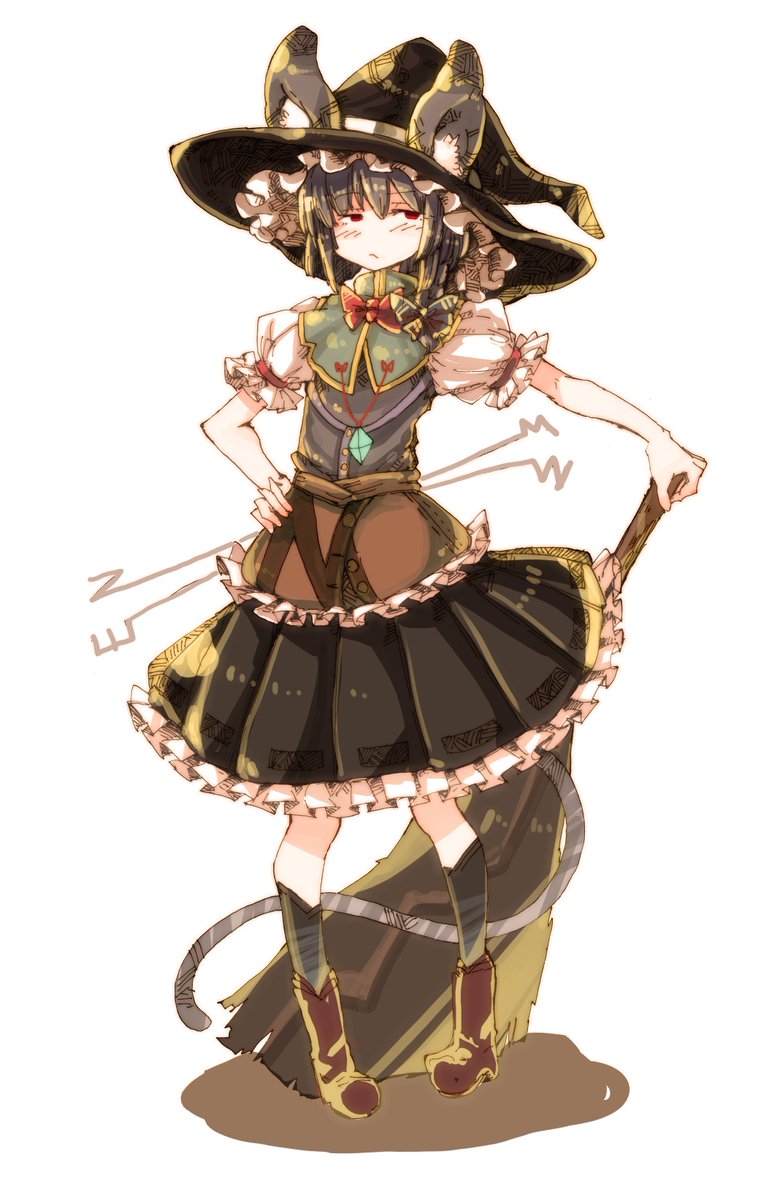 1girl adapted_costume animal_ear_fluff animal_ears black_headwear black_skirt blue_vest boots bow bowtie broom brown_footwear capelet cosplay daruia_(sabitare) dowsing_rod ears_through_headwear eyebrows_visible_through_hair frills full_body grey_hair hair_bow hand_on_hip hat highres holding holding_broom jewelry kirisame_marisa kirisame_marisa_(cosplay) medium_hair mouse_ears mouse_tail nazrin pendant pigeon-toed red_eyes red_neckwear shirt short_sleeves skirt solo standing tail touhou vest white_background white_shirt witch_hat