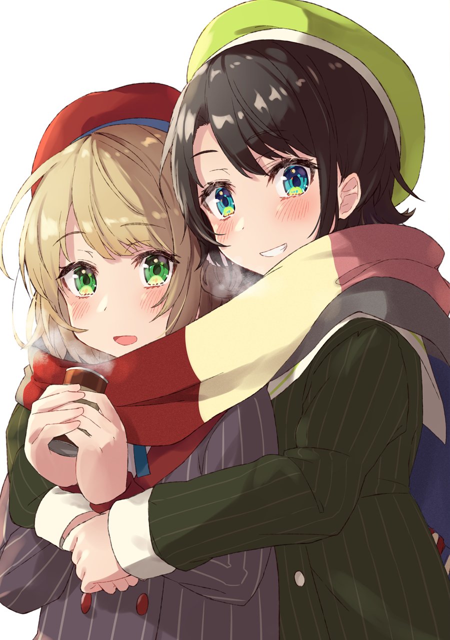 2girls beret black_hair blue_eyes brown_hair coffee commentary_request green_eyes hat heavy_breathing highres hololive hug hug_from_behind looking_at_viewer multiple_girls nuko_miruku oozora_subaru scarf school_uniform shigure_ui_(channel) shigure_ui_(vtuber) short_hair simple_background virtual_youtuber white_background