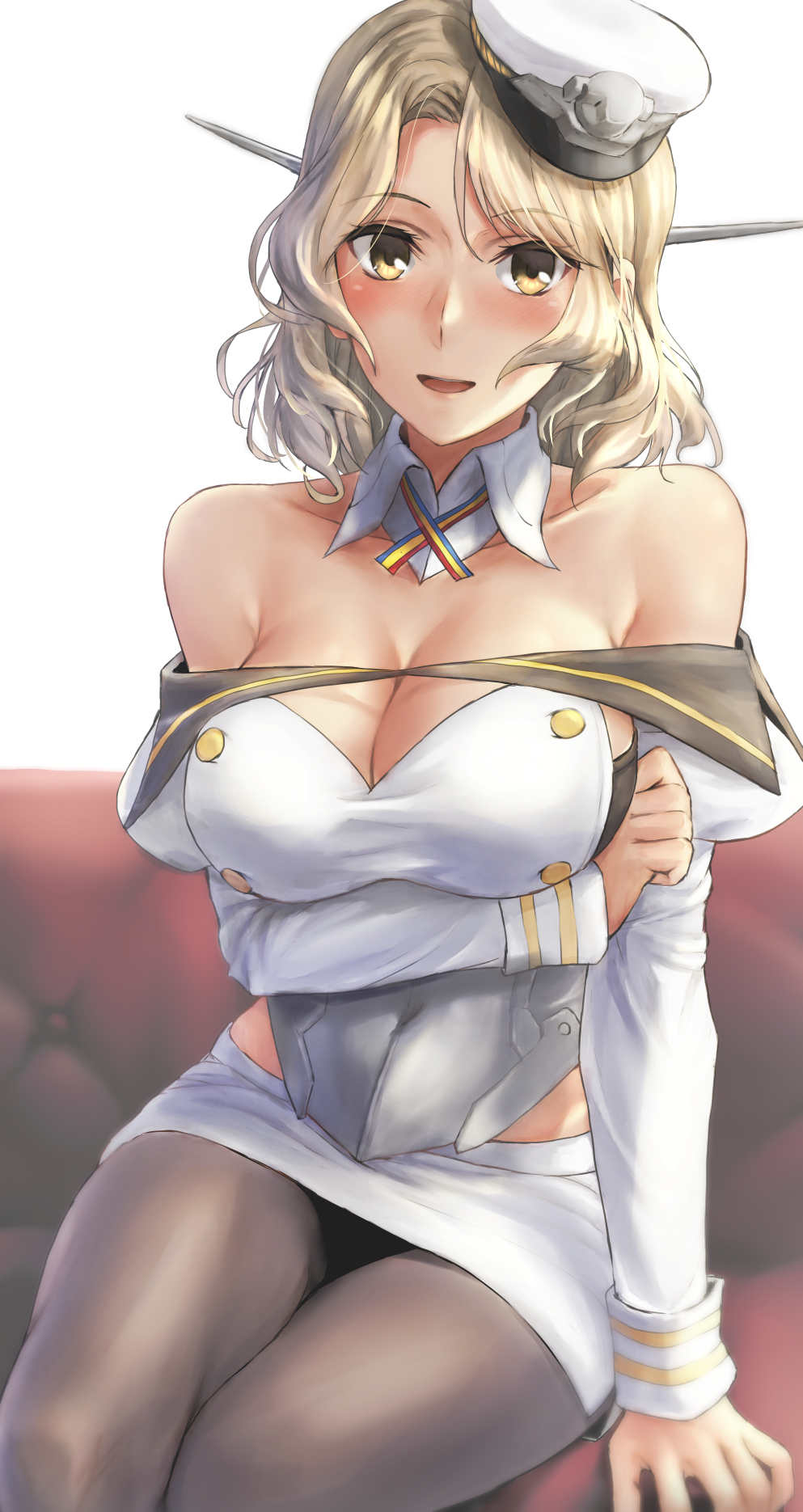 1girl arm_under_breasts bangs bare_shoulders black_legwear blonde_hair blue_background blush breast_hold breasts buttons cleavage closed_mouth collarbone cowboy_shot detached_collar eyebrows_visible_through_hair hair_between_eyes hat headgear highres houston_(kantai_collection) juliet_sleeves kantai_collection kokuzoo large_breasts long_sleeves looking_at_viewer medium_hair off_shoulder pantyhose peaked_cap puffy_sleeves range_finder simple_background sitting skirt solo thighs white_headwear white_skirt yellow_eyes