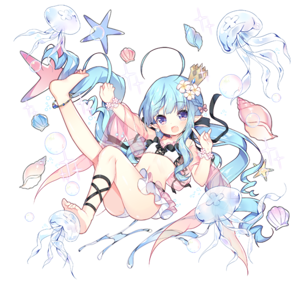 1girl :d \m/ ahoge anklet ark_order bangs bikini black_ribbon blue_hair bow braid conch crown earrings eyebrows_visible_through_hair fang flower frilled_bikini frills hair_bow hair_flower hair_ornament jellyfish jewelry leg_ribbon long_hair looking_at_viewer official_art open_mouth pink_bow pink_scrunchie pointy_ears purple_eyes ribbon scrunchie shell smile solo sparkle star star_earrings starfish swimsuit tachi-e transparent_background tsukimi_(xiaohuasan) twintails very_long_hair white_bikini white_flower wrist_scrunchie