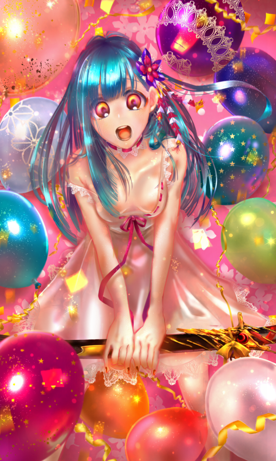 balloon blue_hair confetti dress gradient_eyes hair_ornament highres lace_collar lace_trimmed_dress long_hair multicolored multicolored_eyes pink_eyes sword tagme u_(pixiv_id_28050046) vocaloid vy1 vy2 wakizashi weapon