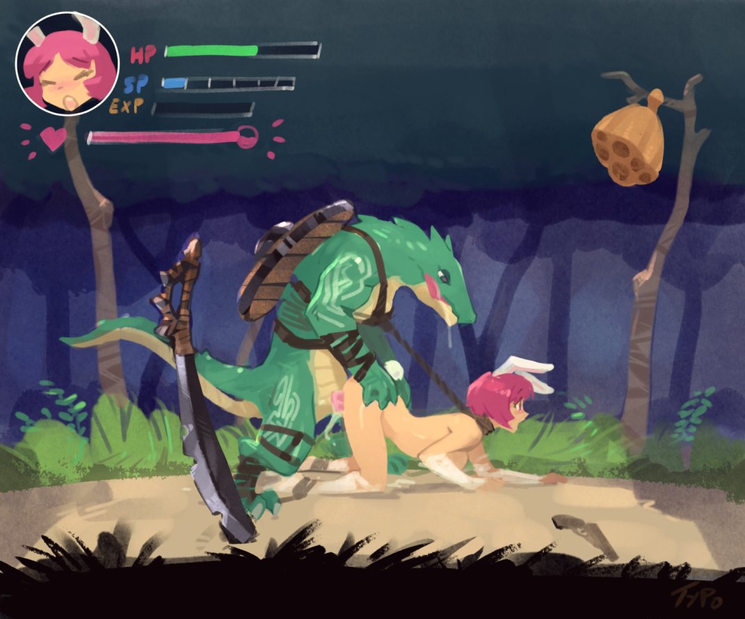 1boy 1girl animal_ears bunny_ears collar commentary cutlass_(sword) doggystyle echidna_wars_dx english_commentary fake_screenshot forest from_side green_skin health_bar hetero leash licking_lips linked_collar lizardman milia_wars nature nude optionaltypo outdoors overflow pink_hair planted_sword planted_weapon pussy_juice rape sex shield short_hair sword tail tongue tongue_out torn_clothes usaco_(echidna_wars) weapon