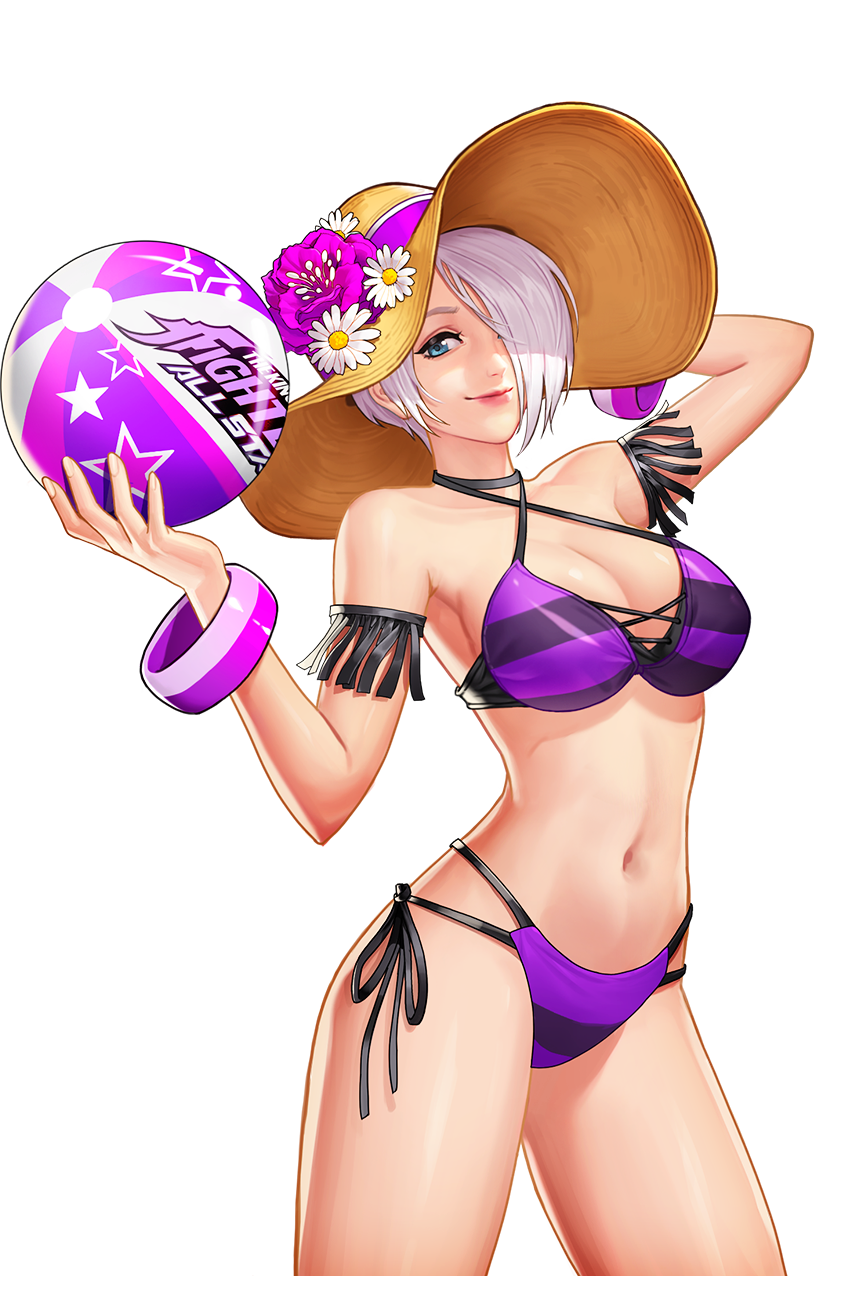 1girl angel_(kof) arm_behind_head ball bangs bare_shoulders beachball bikini blue_eyes bracelet breasts cleavage closed_mouth collarbone copyright_name fingernails flower hair_over_one_eye halterneck hand_up hat highres holding jewelry lips logo looking_at_viewer medium_breasts navel official_art shiny shiny_clothes shiny_hair shiny_skin short_hair side-tie_bikini smile solo standing stomach striped sun_hat swimsuit the_king_of_fighters the_king_of_fighters_all-stars transparent_background white_hair