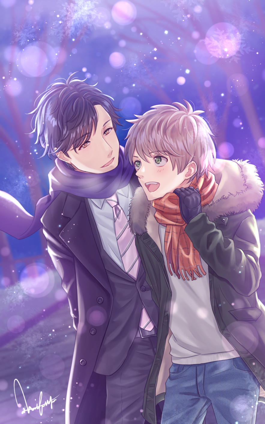 2boys :d adjusting_scarf black_hair black_pants brown_eyes brown_hair denim formal green_coat green_eyes hand_up highres jeans kubota_mifuyu lens_flare male_focus multiple_boys necktie official_art open_mouth outdoors pants purple_scarf red_scarf scarf smile snow snowflakes suit upper_body yaoi