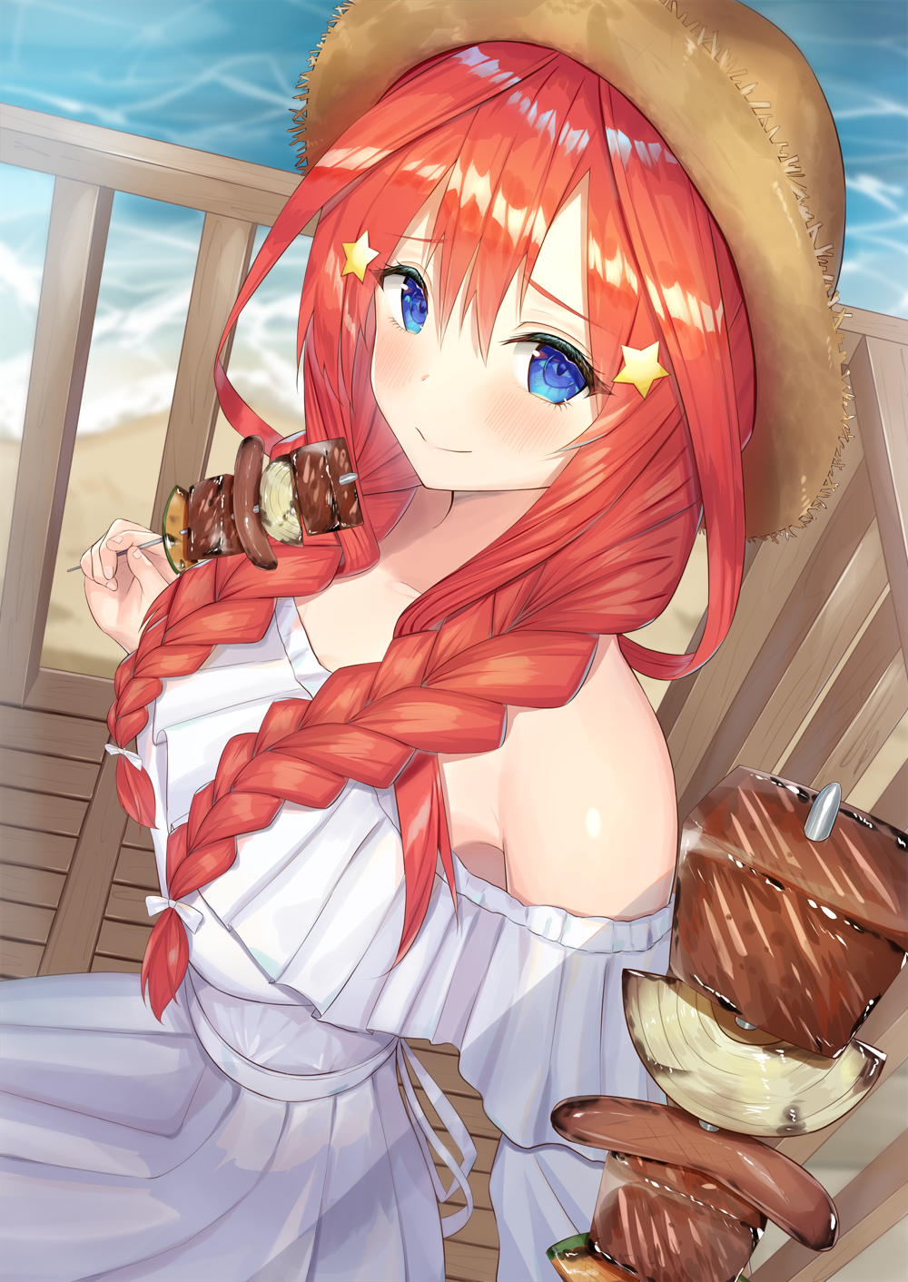 1girl ahoge balcony bangs bare_shoulders beach blue_eyes blush bow braid breasts commentary_request dress eyebrows_visible_through_hair food from_above go-toubun_no_hanayome hair_between_eyes hair_bow hair_intakes hair_ornament hat highres holding holding_food holding_skewer kebab large_breasts long_hair long_sleeves looking_at_viewer low_twin_braids meat nakano_itsuki nyaa28 ocean off-shoulder_dress off_shoulder onion red_hair ribbon sausage shiny shiny_hair skewer smile solo star star_hair_ornament straw_hat twin_braids white_bow white_dress white_ribbon wooden_floor