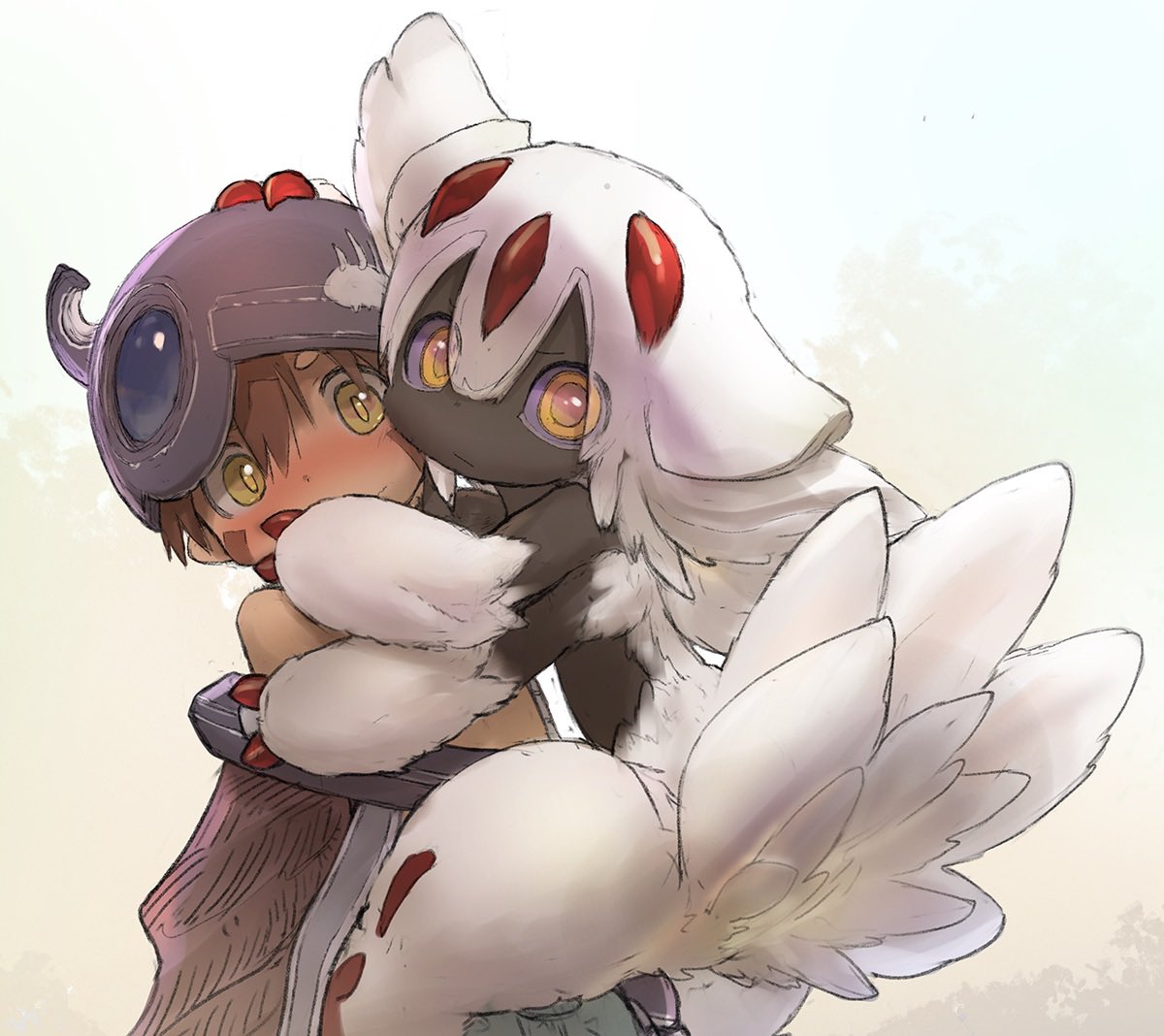 1boy 1girl animal_ears blush brown_eyes brown_hair cheek-to-cheek commentary_request dark_skin extra_arms faputa furry hand_on_another's_face helmet hug long_hair looking_at_viewer made_in_abyss multiple_tails official_art regu_(made_in_abyss) short_hair simple_background tail tsukushi_akihito white_background white_hair yellow_eyes