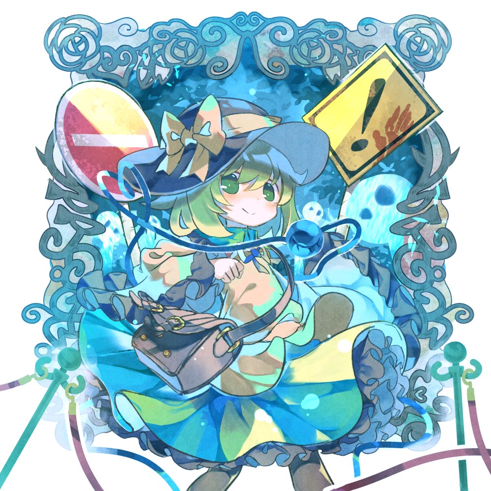 ! 1girl bag black_headwear bow clenched_hand commentary_request cowboy_shot dress frame frills ghost green_dress green_eyes green_hair hand_print hand_up hat hat_bow heart heart_of_string komeiji_koishi long_sleeves looking_at_viewer neck_ribbon no_entry_sign ribbon road_sign sekisei_(superego51) shirt short_hair shoulder_bag sign smile solo stanchion third_eye touhou warning_sign wide_sleeves yellow_bow yellow_shirt