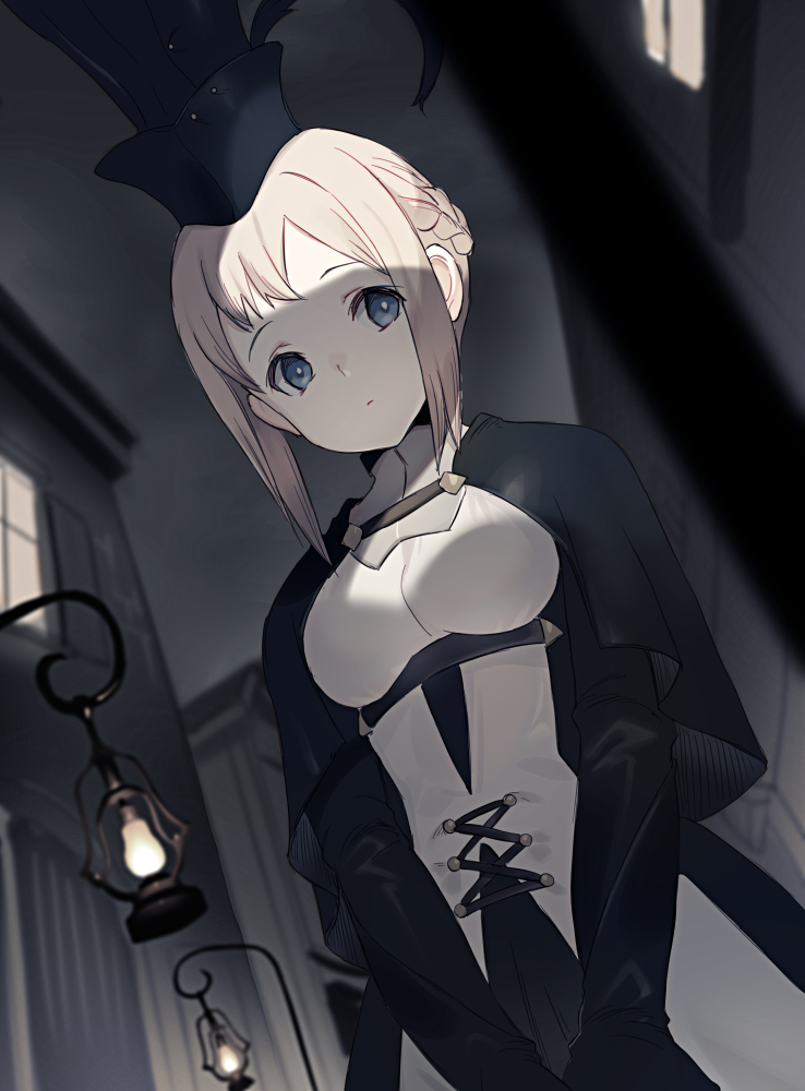 1girl blonde_hair blue_eyes bright_pupils capelet commentary_request cross-laced_clothes dress expressionless hat house keemu_(occhoko-cho) lantern looking_at_viewer looking_down night original outdoors own_hands_together solo white_pupils