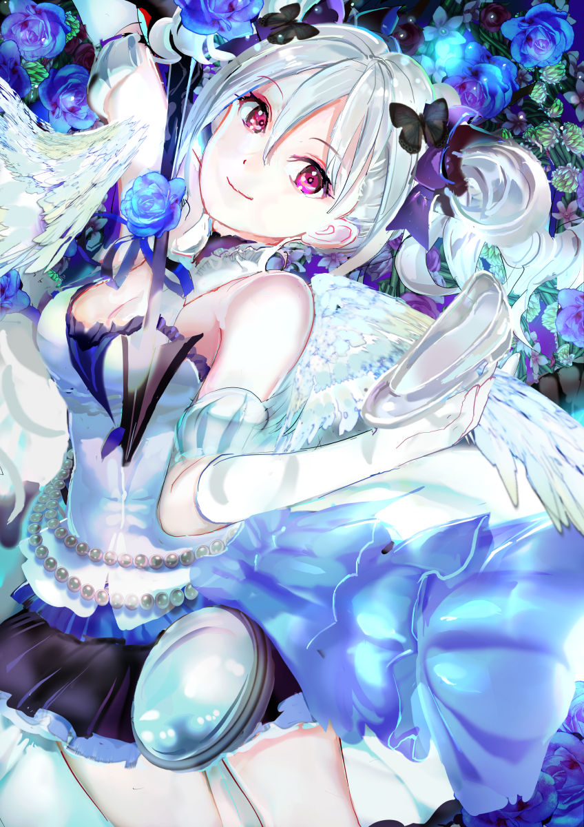 119 1girl angel_wings arm_strap arrow bangs black_skirt blue_flower blue_rose breasts butterfly_hair_ornament choker cleavage cowboy_shot elbow_gloves eyebrows_visible_through_hair feathered_wings floating_hair flower gloves hair_between_eyes hair_ornament hair_ribbon highres holding holding_arrow idolmaster idolmaster_cinderella_girls idolmaster_cinderella_girls_starlight_stage kanzaki_ranko layered_skirt long_hair looking_at_viewer medium_breasts miniskirt pleated_skirt purple_flower purple_ribbon purple_rose red_eyes ribbon rose shiny shiny_hair sideboob silver_hair skirt sleeveless solo starry_sky_bright striped twintails white_gloves white_wings wings