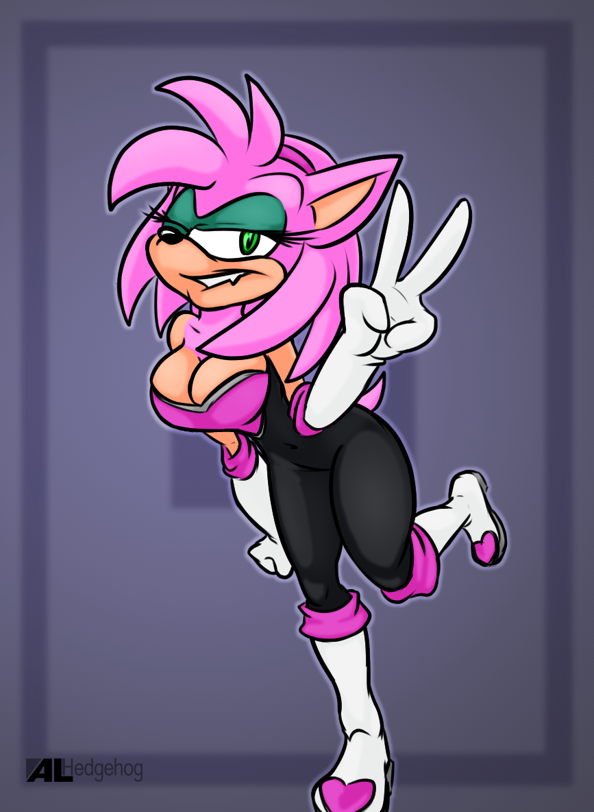 alhedgehog alternate_costume amy_rose anthro big_breasts bite biting_lip breasts cleavage clothed clothing clothing_swap eulipotyphlan female footwear gloves grey_background handwear hedgehog high_heeled_boots high_heels looking_at_viewer mammal one_eye_closed peace_sign_(disambiguation) shoes simple_background solo sonic_the_hedgehog_(series) wink