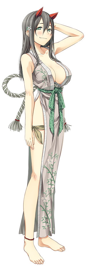 1girl anklet arm_at_side arm_up ayakashi_kyoushuutan barefoot black_hair blush breasts cleavage collarbone cura flower full_body green_eyes green_ribbon hair_between_eyes hair_flower hair_ornament japanese_clothes jewelry large_breasts long_hair looking_at_viewer monobeno official_art oni_horns panties red_horns ribbon side-tie_panties smile solo standing tooko_(monobeno) underwear