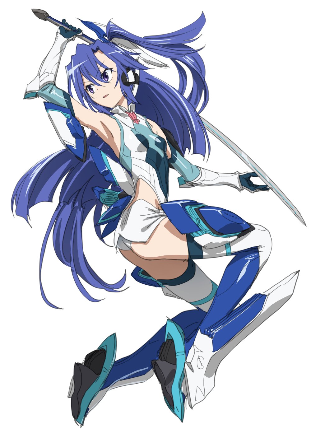 1girl bangs blue_eyes blue_hair blue_legwear boots commentary_request elbow_gloves floating full_body gloves greaves headgear highres holding holding_sword holding_weapon ikezawa_shin kazanari_tsubasa leotard long_hair looking_to_the_side magical_girl one_side_up parted_lips senki_zesshou_symphogear side_cutout simple_background solo sword thigh_boots thighhighs very_long_hair weapon white_background white_gloves white_leotard